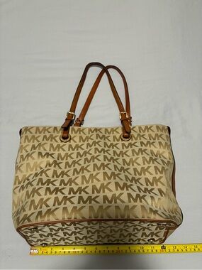 Michael Kors Beige Logo Tote Bag with Brown Leather Handles